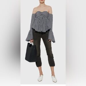 Caroline Constas Max Off-the-Shoulder Gingham Bell Sleeve Top
